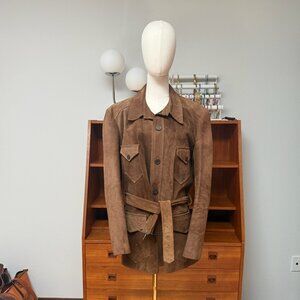 Vintage 1970s Brown Suede Car Coat Safari Jacket Chore Blazer Medium or Large